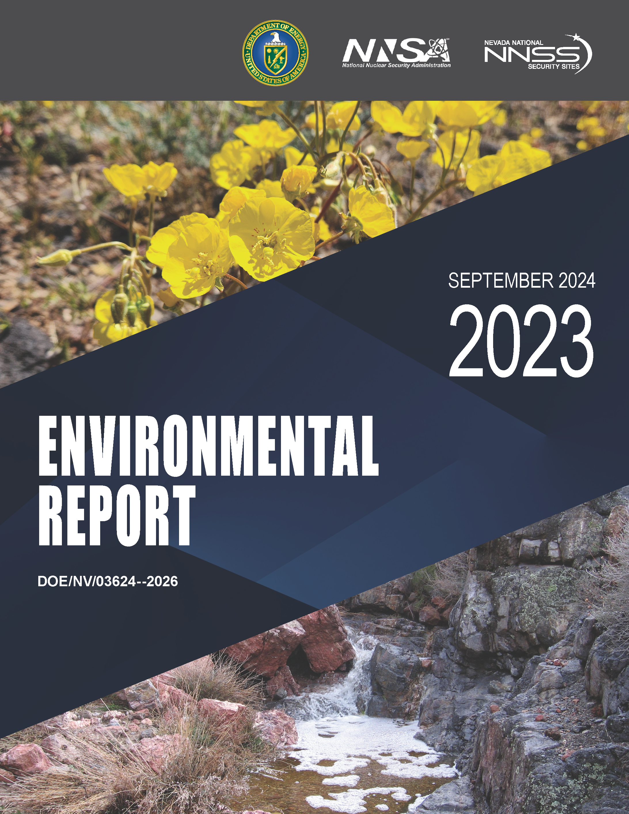 front cover of 2023 NNSS Environmental Report with yellow flowers in top, blue bar in middle, and rocks with snow in bottom