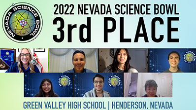 screenshot of virtual Nevada Science Bowl 3rd place team from Green Valley High School with Science Bowl logo