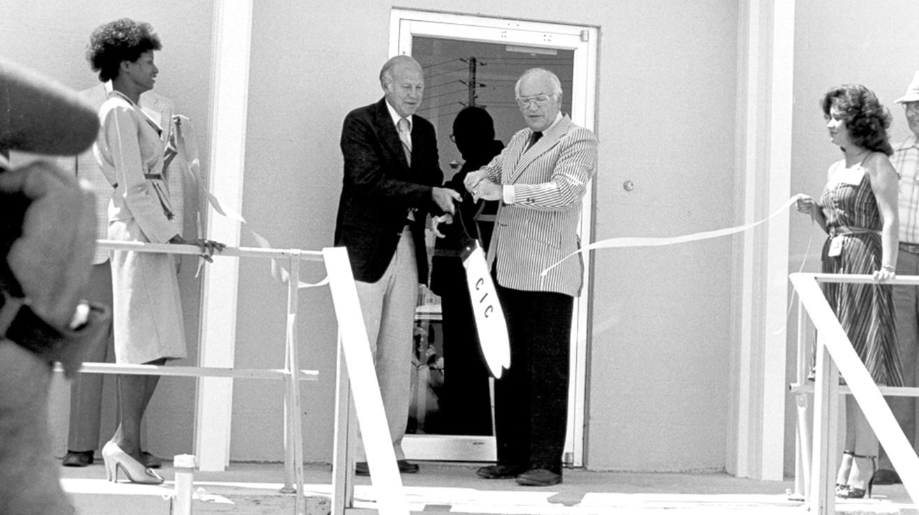 Opening of the Coordination and Information Center (later renamed the Nuclear Testing Archive) in 1981.  L. To R.: Shirley Denson, Harold Cunningham, Mahlon Gates, Donna Suazo, July 21, 1981 at 3084 South Highland Drive, Suite C, Las Vegas Nevada.