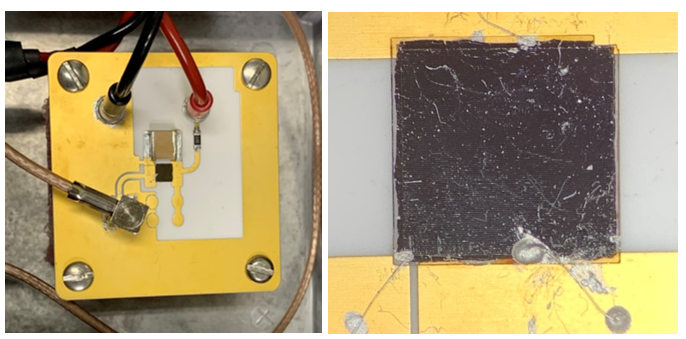 First prototype of the horizontal MAD detector. View of diamond on PCB (left) and view zoomed in on diamond (right). One significant challenge with the horizontal design was the application of the passivation and resistor material on the diamond wafer. A thick-film resistor was initially chosen for the design, but could not be applied precisely. A thin-film germanium could be applied precisely and meet the target resistivity and so, it was used in this prototype (dark grey over the diamond). The passivation successfully adhered to the diamond and the tungsten electrodes and germanium adhered to the passivation and tungsten. The choice of metal was not unanticipated, but necessary for material compatibility.