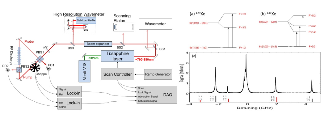 Figure 1: The experimental apparatus is shown in schematic form on the left of the figure. The upper right shows the energy level diagrams of the probed atomic transition for the two isotopes possessing hyperfine structure and the lower right shows data collected in the TAMU laboratory.