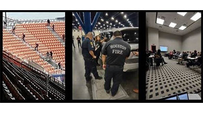 three side-by-side photos of personnel scanning stadium seats, the back of a man wearing a Boston Fire shirt, and multiple people sitting in a classroom with a checkered rug and TV screen on the wall