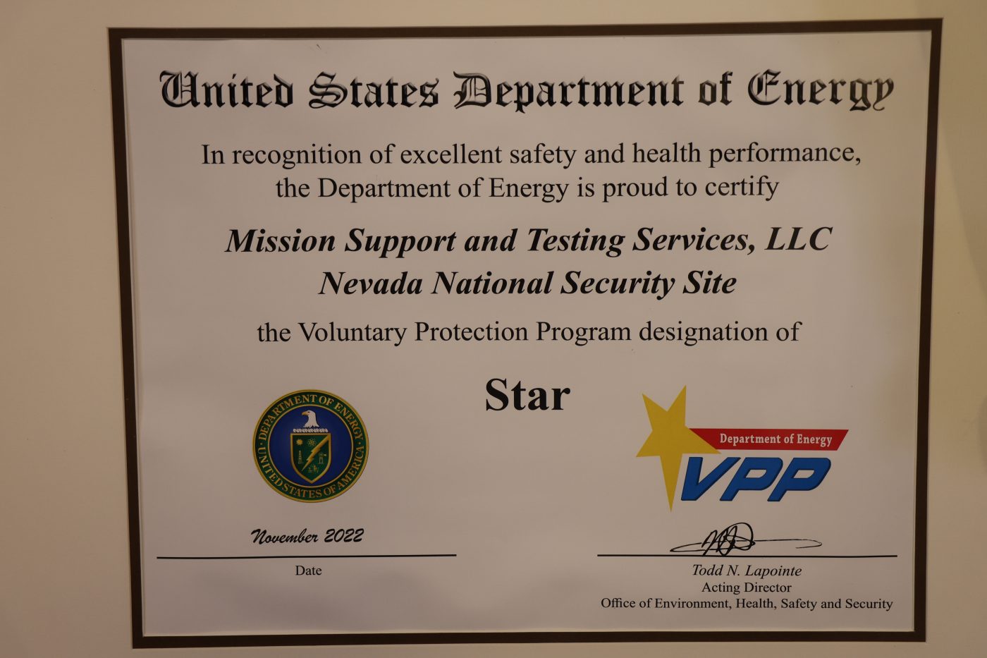 photo of framed VPP Star Site certificate