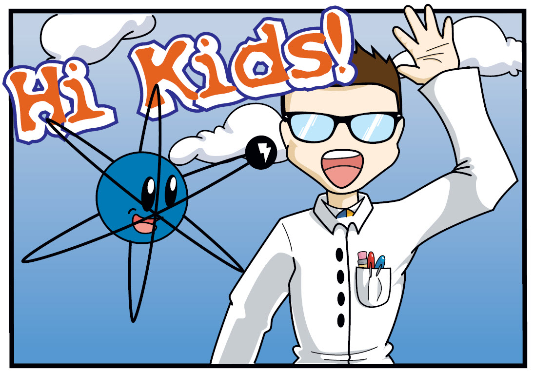 cartoon image of Dr. Proton and Adam the Atom waving Hi, Kids!