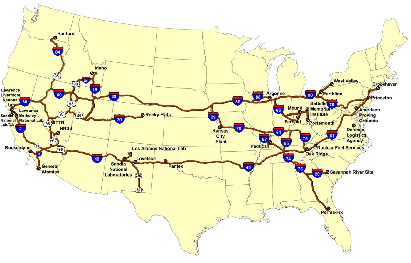 A United States map shows depicts routes generally used to transport waste shipments to the NNSS.