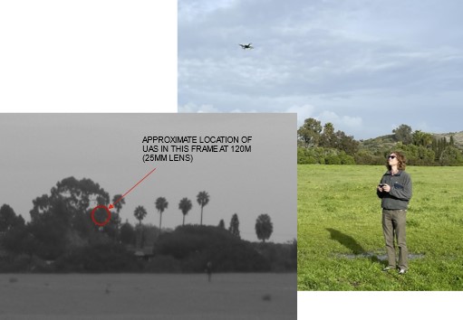 black and white photo on left with palm trees and bushes and red circle showing tiny UAS, and color photo on right with man flying a UAS in grassy field