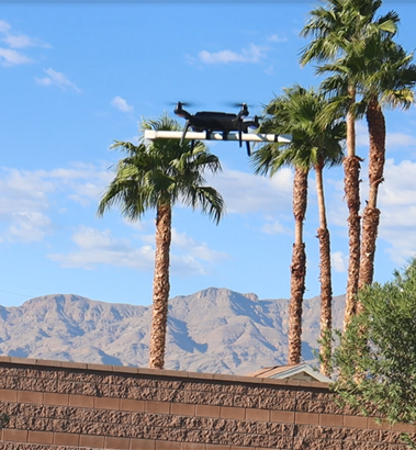 UAS flying above wall with palm trees and mountains in the background