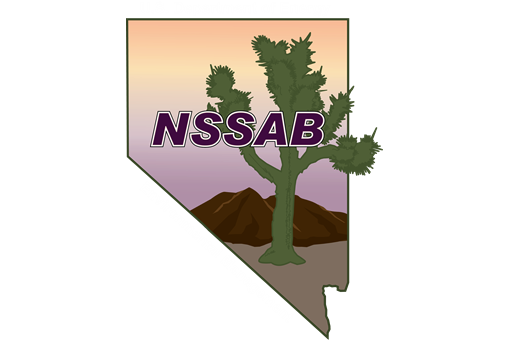 Outline of state of Nevada filled in with orange, purple and brown with a green joshua tree and brown mountain inside the outline. U.S. Department of Energy at the top and Environmental Management at an angle down the left side.