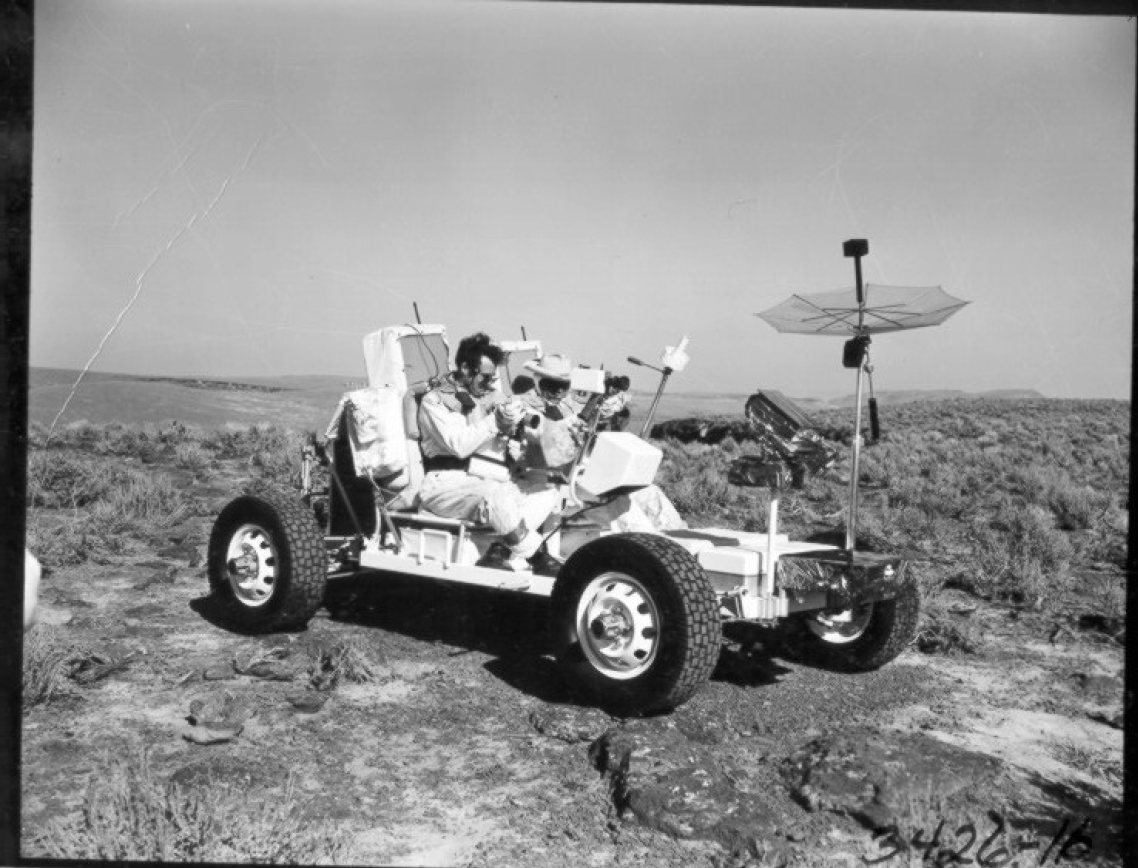 NASA astronauts training on the Apollo Rover at Buckboard Mesa
