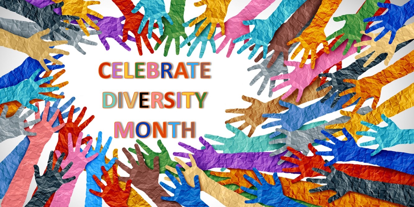 colorful hands with the text "celebrate diversity month"