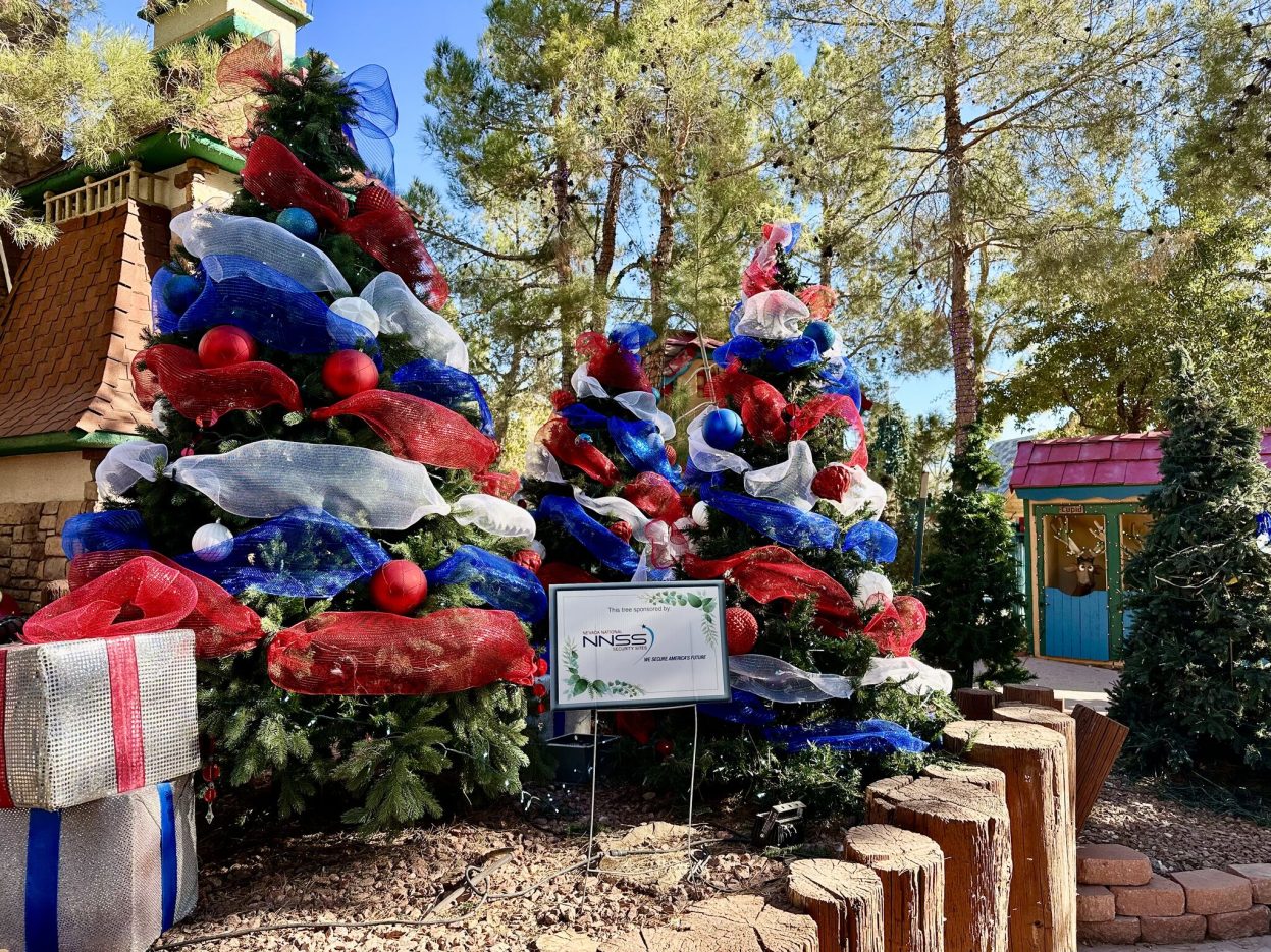 Three trees with red, while and blue ornaments and ribbon. 